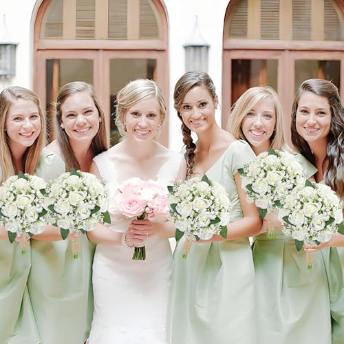 Bridesmaid Bouquet White Wedding Flowers Bouquets Set of 2 - Artificial Rose and Baby's Breath Rustic Small Floral Bouquet for Bridesmaid Fake Sage Green Boho 7 inch Wedding Decor - color: White Rose, size: Set of 2 Bridesmaid Bouquets
