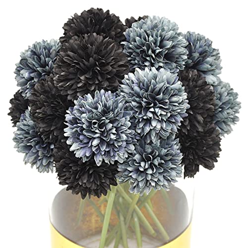 20Pcs Artificial Fake Flower Plants Silk Chrysanthemum Ball Hydrangea Arrangements Wedding Bouquets Decor Home Kitchen Garden Party Table Floral Centerpieces DIY (Black&Grey) - color: Black&grey