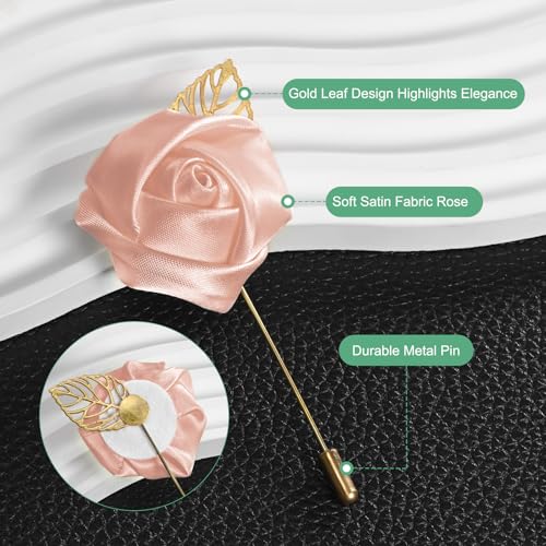 M METERXITY 1-Pack Flower Lapel Pins for Men, Golden Leaf Rose Boutonnieres Pin Groom Boutonnieres for Wedding/Dance/Party, Men Lapel Pins for Suits Satin Flower Corsage [Korean Pink] - color: Korean Pink