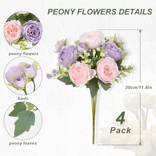 MARTINE MALL 4 Packs Peonies Artificial Flowers, Pinkish-Purple Artificial Peonies, Silk Peonies Flowers Fake Peonies Artificial Flowers Peonies Bouquet for Centerpiece Table Wedding Party Home Decor - color: Pinkish-purple, size: 4PCS