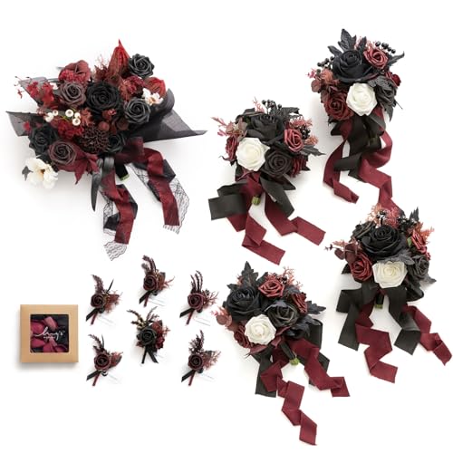 Ling's moment Wedding Artificial Flowers Package, Bridal Bouquet, Bridesmaid Bouquets, Boutonniere for Men, Rose Petals.Black Baccara Red - color: Red-black Baccara & Red
