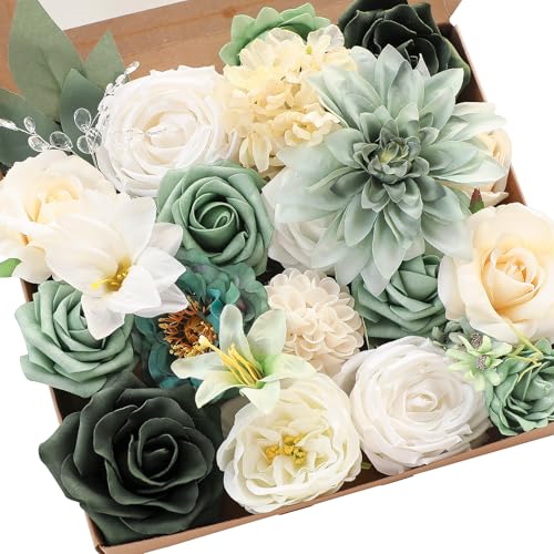 Floroom Sage Green Artificial Flowers Fake Roses Peonies Dahlia Greenery Combo Box Set for DIY Wedding Bouquets Bridal Shower Centerpieces Floral Arrangements Party Tables Home Decoration - color: Olive Sage Green