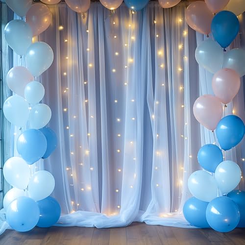 10ft x 8ft Blue Backdrop Curtain with Lights String for Parties, Sheer Tulle Wedding Photo Backdrops Drapes for Baby Shower Birthday Party Decorations Background for Photography - color: Blue, size: W5' x H8'(2 panels)