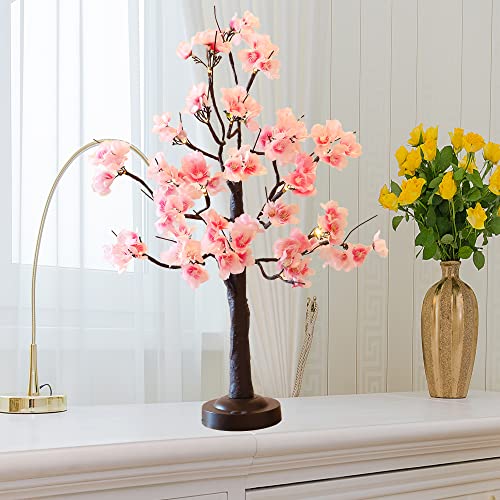 24 LED Pink Cherry Blossom Tree Light 18 Inches Artificial Tabletop Fairy Tree Lamp Eight Lighting Modes USB or Battery Operated with Timer Decor for Bedroom Wedding Christmas Spring (Warm White)