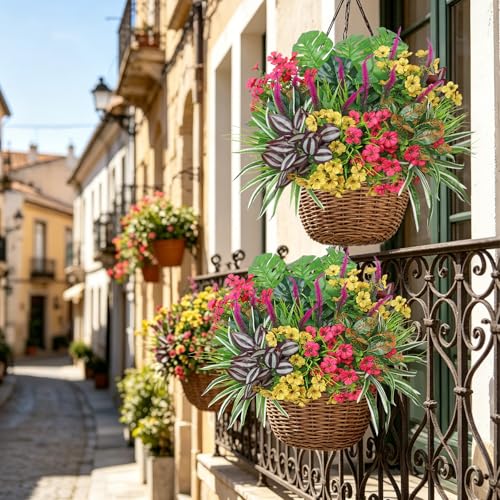 Dremisland 20 Bundles Fake Flowers Artificial Plants for Outdoors UV Resistant Faux Greenery Stems Silk Flowers Realistic Plastic Ferns Shrubs Plants for Planter Garden Patio Window Box Home Decor - color: With Flower
