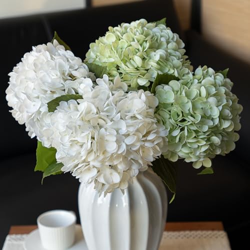 DUYONE 22" Real Soft Touch Hydrangea Artificial Flowers Realistic,Large Long Stem Fake Flowers Full Latex Faux,Wedding Bouquet,Party Home Decor,Garden Office Room Table White 2 Light Green 2 - color: 2 White & 2 Light Green, size: 4Pcs
