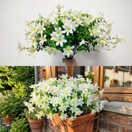 8 Bundles Artificial Flowers Lily, UV Resistant Silk Fake Flowers Bouquet for Home Hotel Flower Arrangement Party Wedding Decor, White - color: White
