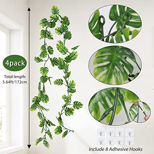 RECUTMS 4Pcs Artificial Monstera Leaves Vines, 5.9FT Fake Hanging Plant Ivy Faux Tropical Palm Leaf Greenery Garland for Garden Porch Patio Jungle Luau Beach Birthday Party Indoor Outdoor Spring Décor - color: Monstera Leaf Vines 4pcs