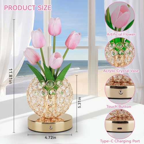 Tulip Table Lamp, Rechargeable Cordless Crystal Night Light, 3 Colors Touch Stepless Dimming Artificial Flower Light, LED Flower Bedside Lamp Romantic Gifts for Girl Women Mom (Tulip2 - Pink) - color: Tulip2 - Pink