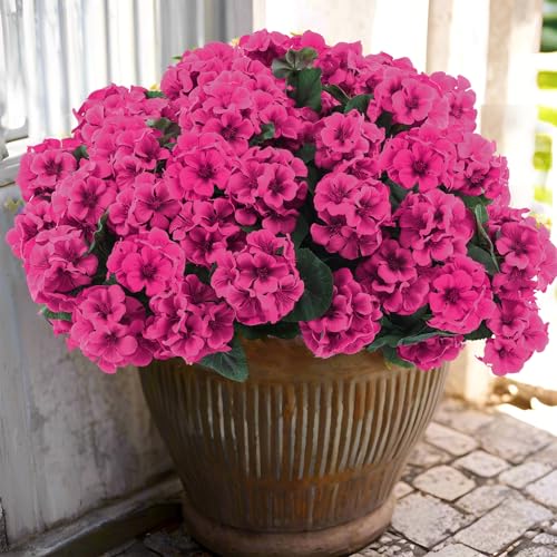 Hananona 12 Pcs Artificial Geranium Flowers for Outdoors Geranium Silk Flowers Outdoor UV Resistant Garden Plants Faux Flowers for Home Kitchen Table Centerpieces Decor (12, Rose Red) - color: Rose Red