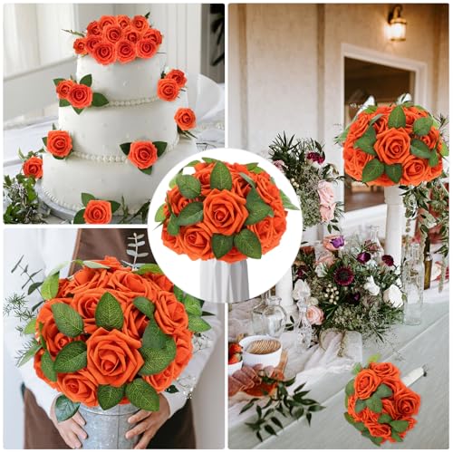 50 Pcs Artificial Foam Rose Flower Faux Bouquet Wedding Fake Rose Gift for Mother's Day Women DIY Bridal Shower Party Table Birthday Home Spring Decor (Burnt Orange) - color: Burnt Orange