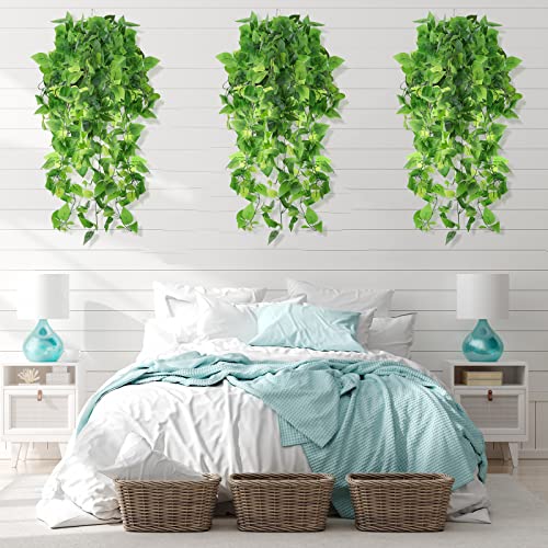 Hoteam 12 Pcs Artificial Hanging Plants 32 Inch Fake Ivy Vines with Fake Leaves Patio Artificial Plants Greenery for Living Room Indoor Outdoor Wall, No Basket (Pothos) - color: Pothos