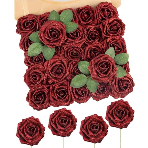 N&T NIETING Artificial Flowers Glowing Red Flowers Foam 50pcs Glitter Roses Real Touch Fake Roses with Stem for DIY Wedding Bouquets Centerpieces Bridal Shower Party Tables Home Decorations - color: Glitter Red, size: 50pcs