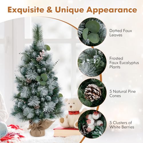 GOFLAME 3FT Prelit Artificial Christmas Tree for Entrance, Indoor Outdoor Xmas Tree with 30 LED Lights, Flocked Pine Needles, Eucalyptus Leaves, White Berries, Pine Cones, Timer for Porch - color: Snow Flocked