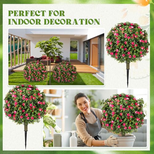 Lunmon 2 Pack 24" Artificial Topiary Ball Plants Trees with Flowers, Outdoor Fake Topiary Plants with Ground Spike, UV Resistant Faux Bushes for Indoor Outdoor Front Door Decor(Pink, White,Rose) - color: Pink, White, style: Rose