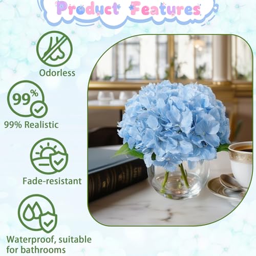 Blue Artificial Hydrangea Flowers in Glass Vase with Faux Water, 3 Stems Lifelike Fake Floral Arrangement, UV-Resistant Odorless Centerpieces for Dining Table Home Office Decor (7.9") - color: Blue