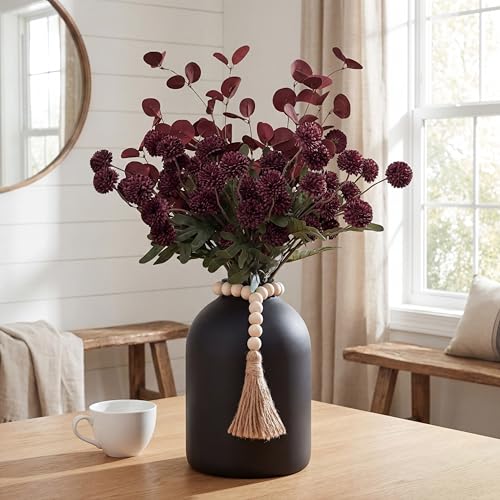 20''H Fake Flowers in Large Vase for Centerpiece Table Decorations with 10Pcs Fake Mums Flowers Eucalyptus Stems Faux Pompon Kiku Flowers Arrangement for Home Decor (Burgundy/Black Vase) - color: Burgundy/Black Vase