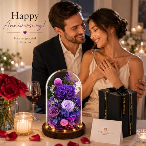 Preserved Flowers in Glass, Preserved Rose with 1 Royal Purple Carnation & 2 Roses, Eternal Flower Gift for Grandma Wife, Forever Flowers for Anniversary Birthday Lasts 3-5 Years - color: Purple