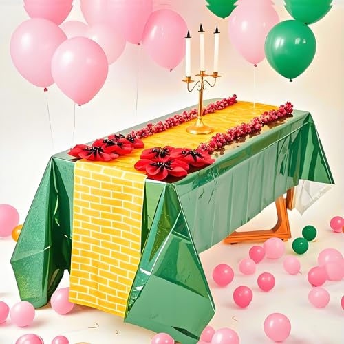 48 Pcs Witch Party Decoration Green Include Holographic Tablecloth and Gold Yellow Brick Table Runner with Artificial Red Poppy Flowers for Witch and Princess Party Supply (Brick) - color: Brick