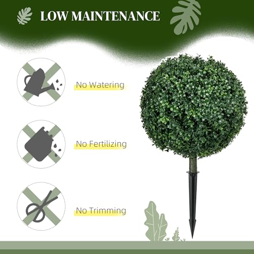 HOMCOM Set of 2 1.3ft (15.7") Artificial Boxwood Topiary Ball Bush with Integrated Ground Stake, Indoor Outdoor UV Resistant Faux Greenery, Faux Plants for Garden, Porch, Balcony