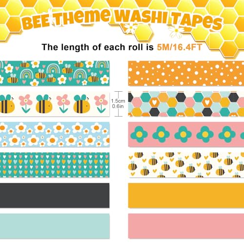 FYSUIMU 12 Rolls Boho Bee Washi Tape Back to School Honeycomb Heart Rainbow Flower Decorative Masking Tapes Set Cute Colorful Wrapping Paper Tape for Scrapbook Journal DIY Art Crafts - style: Bee