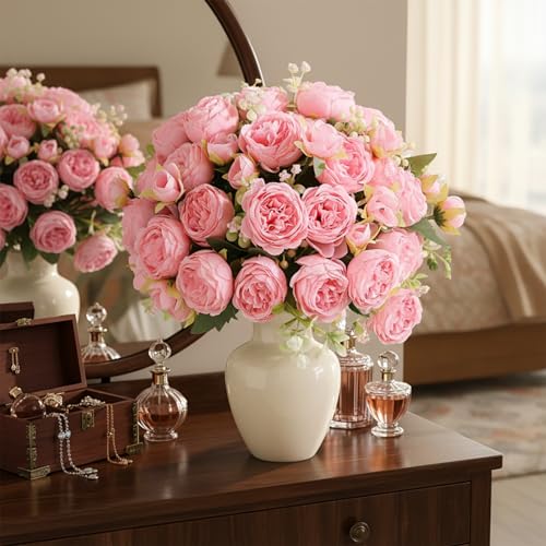 Peonies Artificial Flowers 12 Bundles Pink Flowers Bouquet, Lifelike Silk Fake Peonies with Stems for Home Table Centerpieces, Wedding, Party & DIY Bridal Floral Arrangements (Light Pink) - color: Light Pink