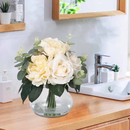 Lifelike Artificial Flower Arrangements with 4 Roses + 4 Peonies in Glass Vase with Faux Water for Wedding & Home Table Centerpieces - color: Peony & Rose With Faux Water, size: Champagne