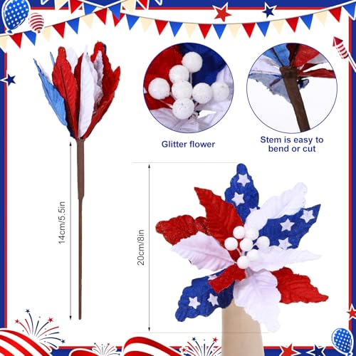 Giegxin 8 Pcs 8'' July 4th Red White Blue Flowers Patriotic Artificial Poinsettia Stems 250th Velvet Red White Blue Ornaments Fold Floral for Holiday Patriotic Party 4th of July Decorations - color: Red White Blue