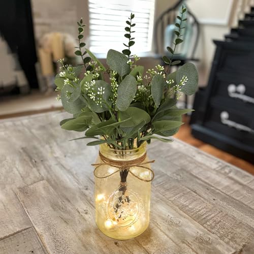 Lighted Mason Jar Centerpiece Set of 3 Eucalyptus Plant Decorative Jars Vase Farmhouse Table Decorations for Home Living Dining Room Wedding Christmas Thanksgiving Party - color: Jar-eucalyptus