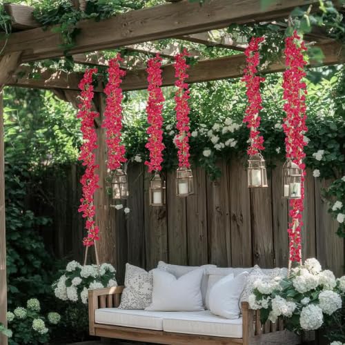 2 Pcs Artificial Bougainvillea Flowers Garland Fake Silk Bougainvilleas Vines Trailing Rose Red Faux Hanging Flowers Plants Bougainvillea Artificial for Porch Wedding Arch Spring Summer Decor - color: Rose Red