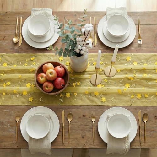 Artoid Mode 3D Flower Yellow Gauze Embroidery Table Runner 120 Inch 10FT, Tulle Seasonal Spring Kitchen Dining Holiday Table Decor for Home Party - color: Yellow
