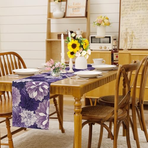 Purple Dahlia Flower Summer Table Runner Purple Gray Burlap Table Runners, Spring Floral Seasonal Coffee Table Center Decor for Home Kitchen Dining Party Indoor Outdoor 13x108 Inch - color: Purple, size: 13" x 108", Table Runner