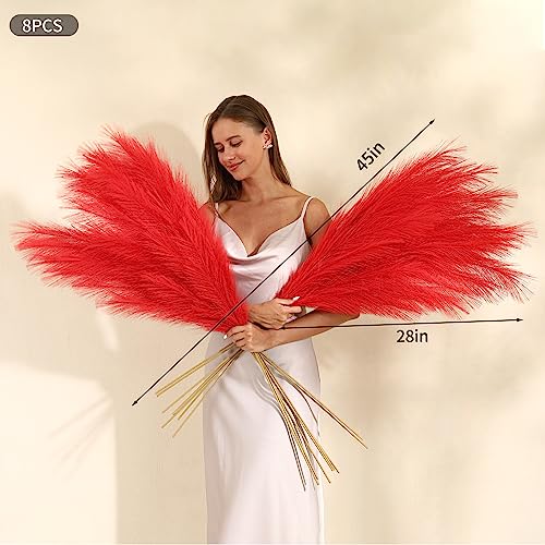 Wertuirk Red Pampas Grass Decor - 45-Inch Set of 8 | Artificial Large Pampas Grass Soft and Fluffy | Long Faux Flower | Perfect for Wedding Centerpieces, Farmhouse, Living Room Decor - color: Red