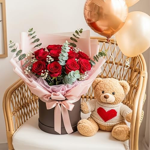 Auihiay 14PCS Red Roses Artificial Flowers, Fake Red Roses Bouquet with Long Stems for Father's Day, Romantic Valentine's Day, Anniversary, Wedding & Home Decoration - color: Red