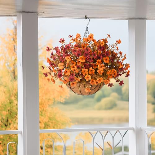 ZFProcess Artificial Fake Fall Hanging Plants Flowers Basket, Faux Silk Daisy in Planter Realistic UV Resistant for Outside Home Patio Balcony Yard Autumn Outdoor Decoration (Orange Brown) - color: Orange Brown