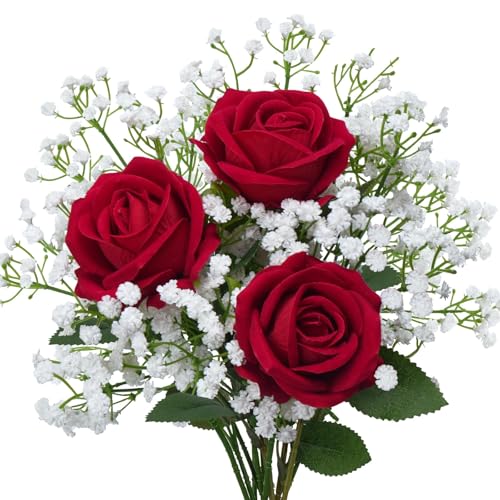 Fake Flowers Artificial Flowers Decorative Bouquet with Faux Baby's Breath, Velvet Roses Small Floral Arrangements for Wedding Table Centerpieces Home Décor - color: Red Rose