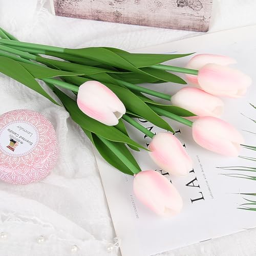 Artificial Tulips Flowers Fake Latex Tulip Stems - 30pcs Real Touch Faux Multicolor Tulips Flower for Easter Spring Wedding Bouquet Centerpiece Floral Arrangement Cemetery Table Decor - color: Gradual Pink 01