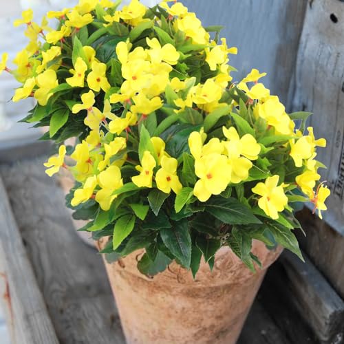 CITYES 4 Pcs Artificial Flowers Outdoor Impatiens UV Resistant Silk Impatiens Flowers Yellow Faux Flowers Impatiens Bushes Artificial Impatiens for Pot Patio Lawn Garden Hanging Basket Porch Decor - color: Yellow