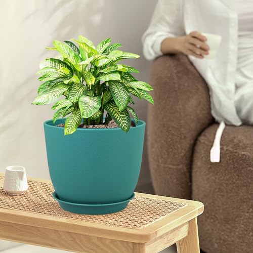 WSMKSZ Flower Pots 10/9/8 inch, Set of 3 Modern Decorative Plastic Planters with Drainage Holes and Tray for House Plants Indoor Flowers Plants, Plant Pots for Indoor Outdoor Plants, Blue Green - color: Blue-green, size: 10"+9"+8"