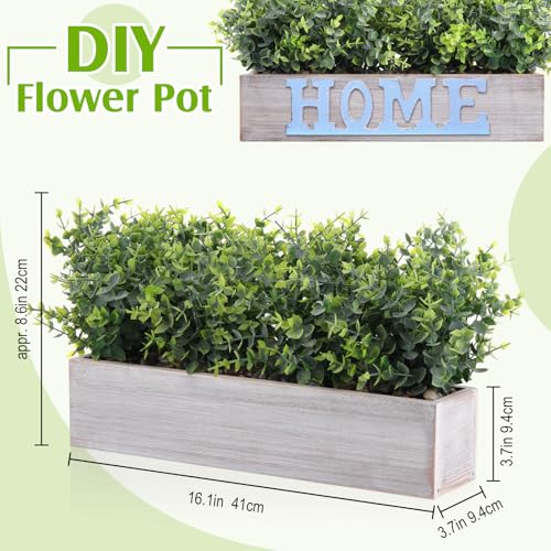 Lyrow 2 Pack Artificial Eucalyptus Plant in Rustic Rectangular Wooden Planter Box Greenery Faux Potted Herb Plant for Indoor Wedding Table Centerpiece(Green,16.1 x 3.7 x 8.7 Inches,Classic Style) - color: White, size: 16.1 Inch, style: White Frosted Point