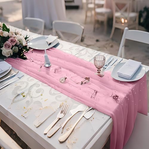 6 Pcs Pearl Tulle Table Runners Bohemian Country Tulle Lace Table Runner 120 Inch 10 Ft White Champagne Pink Lace Fabric for Home Dining Wedding DIY Craft - style: Pearl