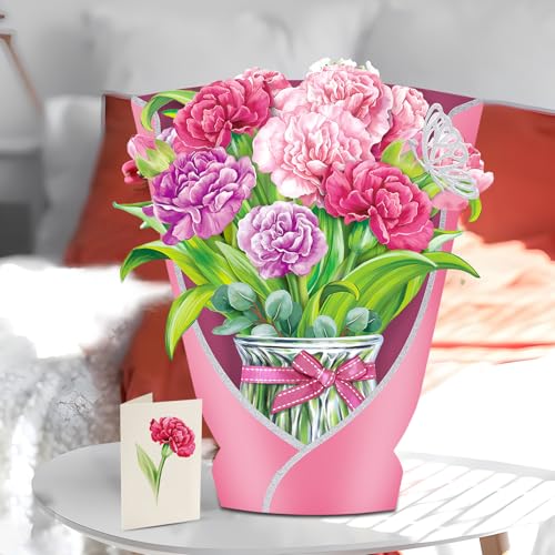 Airpark Pop Up Flower Bouquet Card for Women, 3D Floral Greeting Card with Envelope and Note, Birthday Thank You Thinking of You Get Well Gift for Mom Friend Wife Teacher, Carnation - style: Carnations