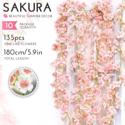 YRIOWMI 10PCS 59FT Artificial Silk Cherry Blossom Garland, Hanging Sakura Flower Vines for Wedding Party Home Arch Office Sakura Decor (Light Pink) - color: Light Pink