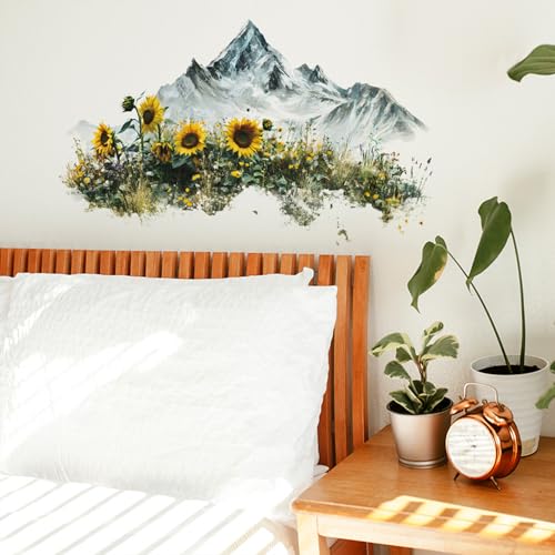 Mountain Wall Decals Summer Sunflowers Wall Stickers Peel and Stick Removable Vinyl Nature Wallpaper Art Sticker Decal for Kitchen Living Room Bedroom Bathroom Decorations - style: Mountain