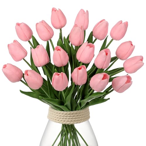 20 Pcs Pink Tulips Artificial Flowers Real Touch Fake Tulips Fake Flowers for Mother's Day 13.5" Faux Tulips Faux Flowers Bulk Artificial Tulips Flowers for Vase Centerpieces Home Wedding Bouquet - color: Pink #20