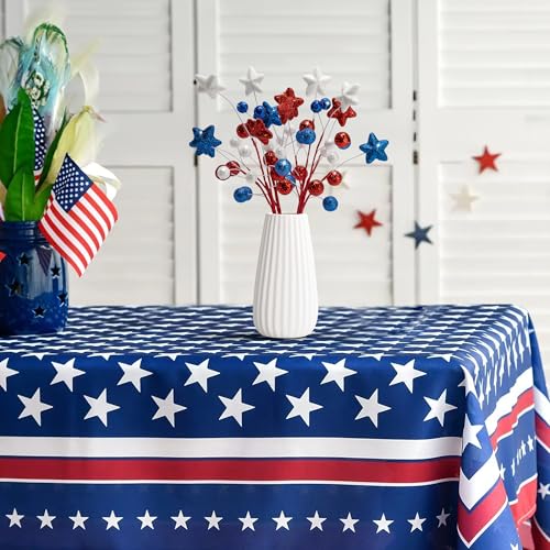 8 Pack 15" Large Patriotic Glitter Ball Centerpiece Stems, Independence Day Artificial Berry Stem Star Picks, 4th of July Red White Blue Pentagram Faux Berry Branch Sticks for Memorial Day Home Decor - color: Red White Blue