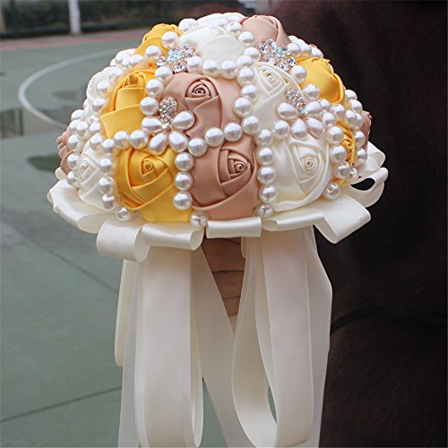 USIX Handcraft Popular Satin Rose Rhinestone Brooch Flower Pearl Bridal Holding Wedding Bouquet Wedding Flower Arrangements Bridesmaid Bouquet(Yellow) - color: Yellow