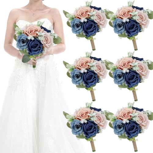 Set of 6 Bridesmaid Bouquets for Wedding - 7 Inch Artificial Flowers Bouquets for Ceremony Anniversary Centerpieces Decorations - Navy & Dusty - color: Navy & Dusty, size: Set of 6 Bridesmaid Bouquets