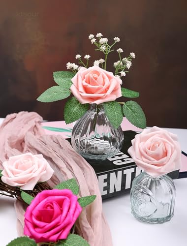 25pcs Artificial Flower，Real Looking Foam Roses w/Stem for DIY Wedding Bouquets Centerpieces Bridal Shower Party Decor-Shades of Hot Pink - color: Shades of Hot Pink