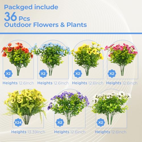 Artificial Pansies for Outdoors UV Resistant, 36pcs Fake Pansy Flowers Realistic, Yellow Pansy Flowers for Outdoor Planters, Colorful Faux Pansies Plants for Garden Outside Patio Porch Window Decor - color: Multi Color（mixed 6 Colors）, size: 36 pcs
